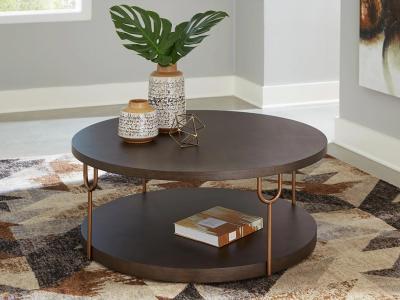 Ashley Furniture Brazburn Round Cocktail Table T185-8 Dark Brown/Gold Finish