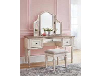 Signature Design by Ashley® Realyn Queen Upholstery Panel Bed, Dresser, Chest, Nightstand, and Vanity Set - B743B35